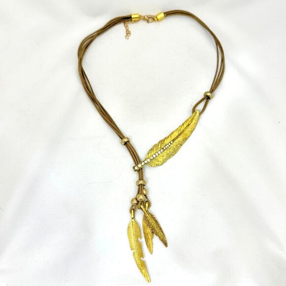 Multistrand Cord Necklace with Gold Tone Feather/Leaf Dangles/Elements - Picture 4 of 5